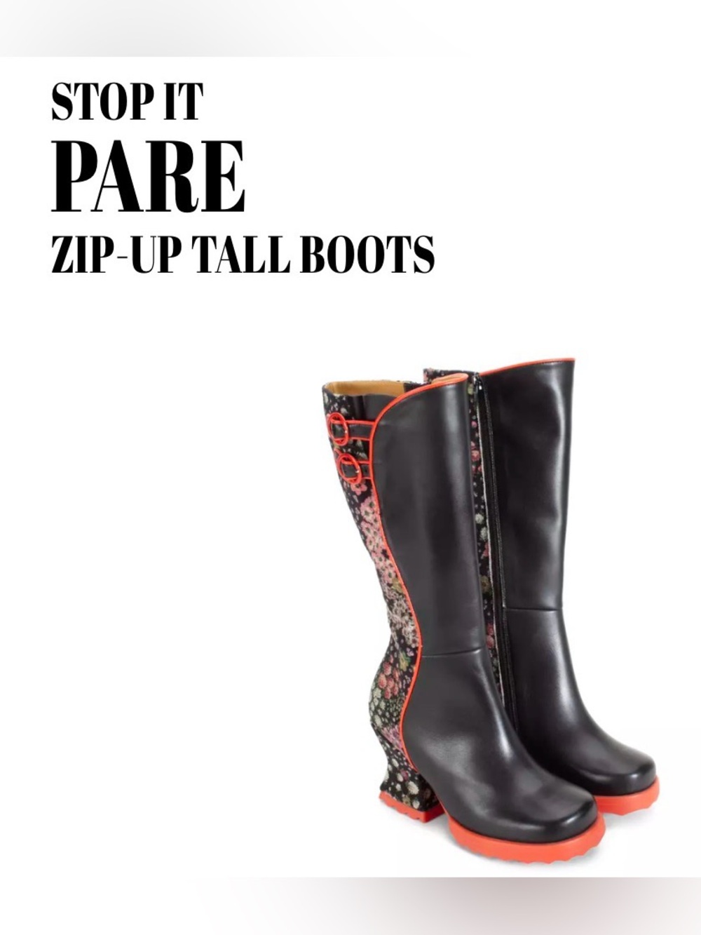 Fluevog LIKE NEW Stop It Pare black leather/floral velvet tall boot-9 (fits 8.5)